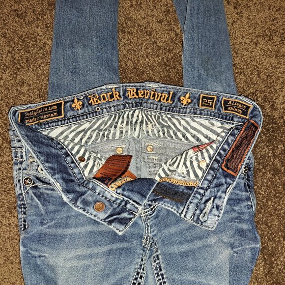 🪨 Rock Revival Allegra Skinny Jeans W/Leather Embroidered Flap Pockets size 25 - Picture 10 of 16
